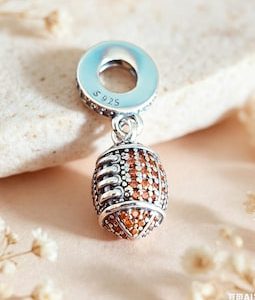 Sterling Silver American Football Dangle Dangle Charm, Sparkling Brown Crystal Rugby Ball Bead