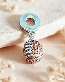 Sterling Silver American Football Dangle Dangle Charm, Sparkling Brown Crystal Rugby Ball Bead