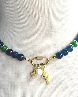 Navy Blue and Green Beaded Charm Necklace | Gameday School Spirit Necklace | Beaded Necklace | Sports Necklace